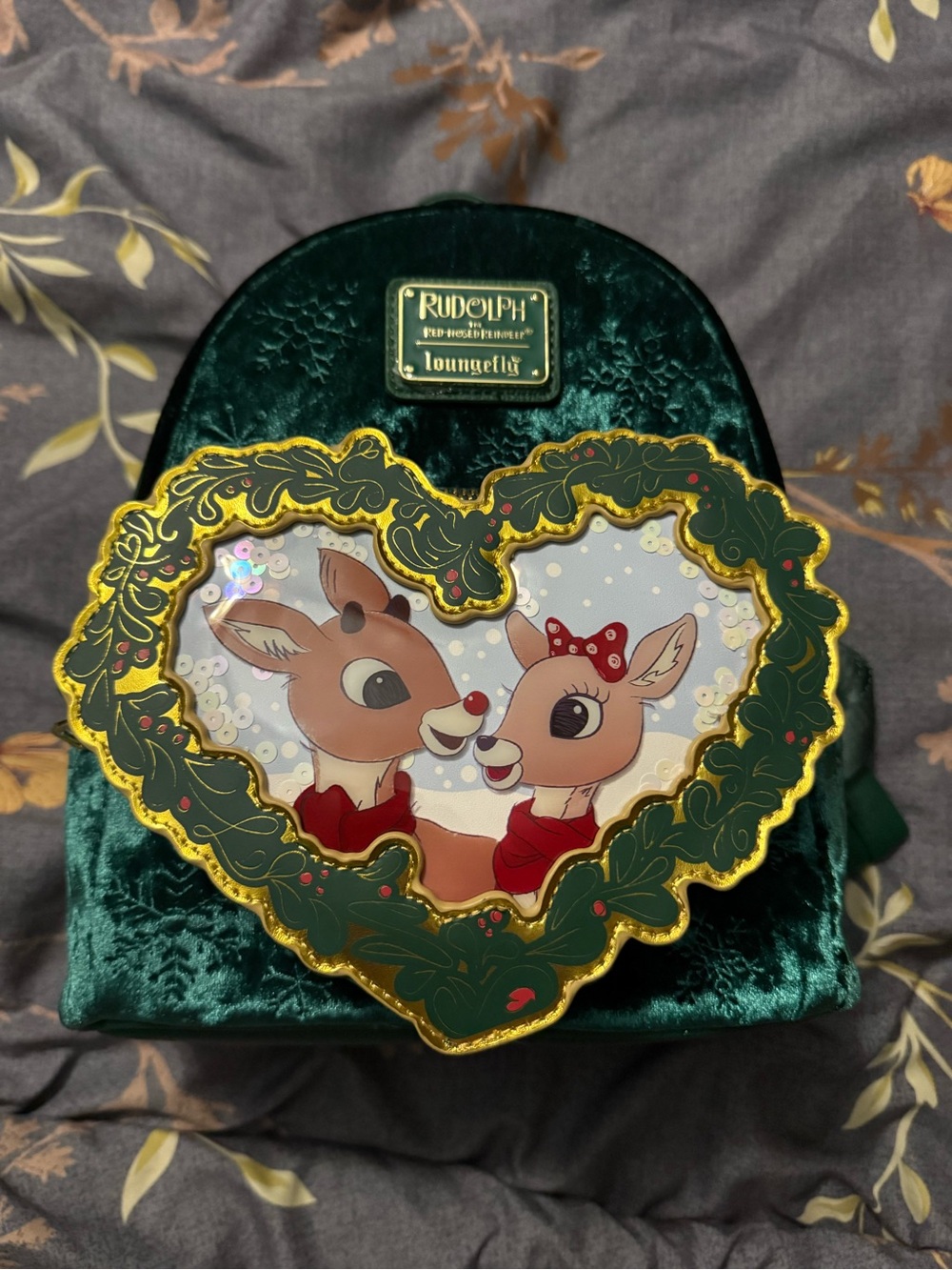 Loungefly Green Velvet Rudolph Heart-Shaped Backpack